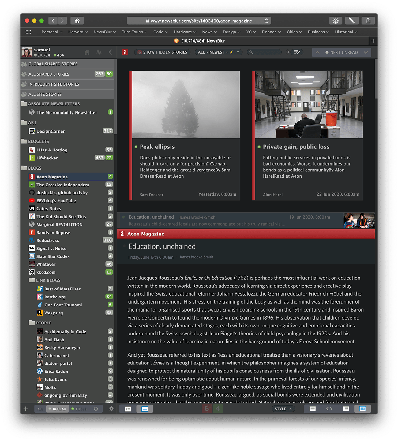 NewsBlur in dark mode showing the full interface
